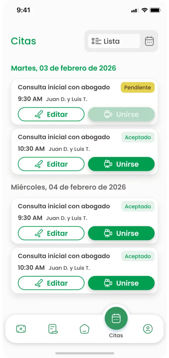Pantalla de citas de la app TerraImm